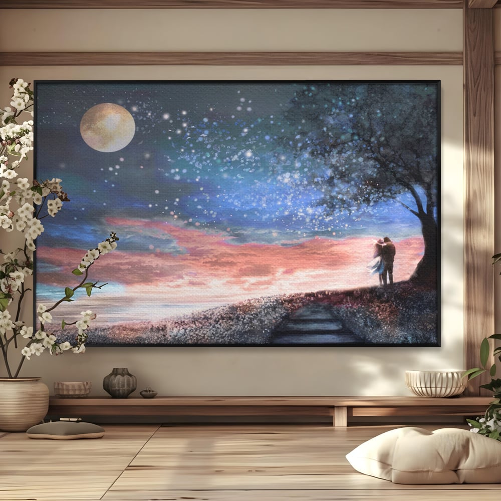 Tablou canvas cu ilustratie cuplu sub cer instelat, in rama de aluminiu negru